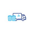 Garbage truck line icon, trash disposal services, waste bins