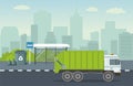 Garbage truck picking up recycle trash bin in residential area. Vector Royalty Free Stock Photo