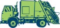 Garbage Truck Rear End Loader Side Woodcut Royalty Free Stock Photo