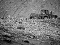 Garbage truck stirring trash at the dump