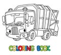 Funny garbage truck car with eyes. Coloring book