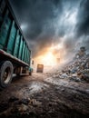 Garbage Truck Unloading at an Industrial Site Under Dramatic Skies During Twilight Royalty Free Stock Photo