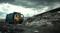 Garbage truck unloading trash at landfill site under cloudy sky Royalty Free Stock Photo