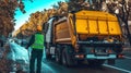 Garbage truck unloading trash at landfill site under cloudy sky Royalty Free Stock Photo