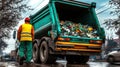 Garbage truck unloading trash at landfill site under cloudy sky Royalty Free Stock Photo