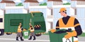 Garbage truck on urban street panoramic view. Workers collect rubbish bags from bin, container to car. Waste collector Royalty Free Stock Photo