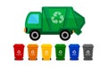 Garbage truck and various types of trash bin isolated on white background, recycle truck waste and bins multi colors, garbage Royalty Free Stock Photo