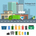 Garbage truck vector flat illustrations.