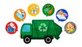 Garbage truck and waste isolated on white background, clip art of recycle waste truck for cleaner management, garbage truck icon