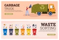 Garbage truck and waste sorting web banners set, flat vector illustration. Royalty Free Stock Photo