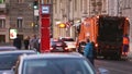 Garbage Truck Working In Evening Night Street. Dustcart, Trash Truck, Rubbish Truck, Junk Truck, Dumpster Specially