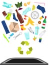 Garbage and waste fall into trash bin. Plastic, glass, organic and other household rubbish utilization, recycling Royalty Free Stock Photo