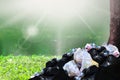 Garbage waste, heap of garbage plastic waste black and trash bag many at river park nature tree sunshine background