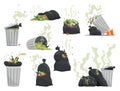 Garbage or waste icons. Metal and plastic garbage containers with unsorted trash. Rubbish bags that smells ugly and