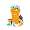 Garbage waste. Overflowing trash can, dirty rubbish bin. Recyclable mixed junk container. Different litter and dustbin