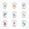 Garbage waste recycling color icons, line trash