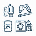 Garbage wastes trash line vector icons set of toxic, electronic plastic and metal recycling garbage
