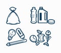 Garbage wastes trash line vector icons set of toxic, electronic plastic and food recycling garbage