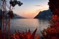 garda lake in the evening with sunset, cliff, mountains and red lighted agaves and plants