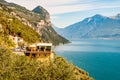 Scenic view from the edge of western coast of Garda lake on beautiful northern Italian nature surrounding this amazing lake. Rocky