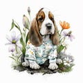 Garden Adventure: Basset Hound Puppy in Pajamas Discovering the Beauty of Springtime Flowers AI Generated Royalty Free Stock Photo