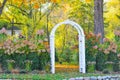 Garden Archway with Pink Hydrangeas in Fall