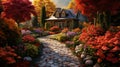 Garden Autumn Splendor: Realistic And Vibrant House In Woods Royalty Free Stock Photo
