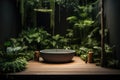 garden background with a flowerfilled bathtub and tall plant, in the style of minimalist stage designs