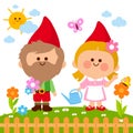 Cute garden gnomes in the garden. Vector illustration