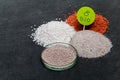 Garden background with mineral fertilizers balls. Complex mineral fertilizer with sodium, phosphorus for flowers, plant, tree