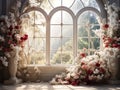 Garden background prop for photo manipulation , empty , white and red flowers , big windows , in the middle room for copy Royalty Free Stock Photo