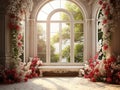 Garden background prop for photo manipulation , empty , white and red flowers , big windows , in the middle room for copy Royalty Free Stock Photo