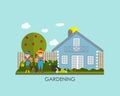 Garden Background Vector Illustration. Farmer Gardener Man and W