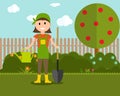 Garden Background Vector Illustration. Farmer Gardener Woman in