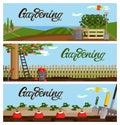 Garden banners. Background with gardening tools and farm fields. Picking harvest in orchard. Vegetables beds