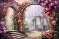 garden in the Baron style Stone arches overlooking the river and the nature with trees, flowers, birds in vintage style