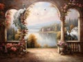 garden in the Baron style Stone arches overlooking the river and the picturesque nature with trees, flowers, birds