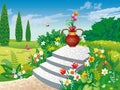 Garden with a beautiful decorative staircase and a flowerpot with flowers