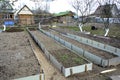Garden beds in early spring. The beginning of the summer cottage season. Preparation of the site for digging the soil