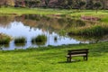 Garden bench overlooking the lake or pond of Parque da Devesa Urban Park in Vila Nova de Famalicao, Portugal Royalty Free Stock Photo