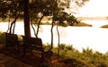 Garden benches on the rural lake shore