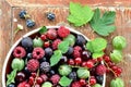 Garden berries in a bowl on wooden background Royalty Free Stock Photo