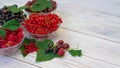 Garden berries are collected in bowls on a white table: black currant, red currant, gooseberry, raspberry Royalty Free Stock Photo