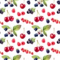 Garden berries hand draw seamless watercolor fabric pattern. Royalty Free Stock Photo