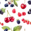 Garden berries hand draw seamless watercolor fabric pattern. Royalty Free Stock Photo