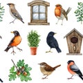 Garden birds with countryside natural elements seamless pattern. Watercolor illustration. Hand drawn backyard bird