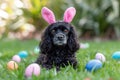 In the garden, a black Spaniel dog wearing bunny ears sits among various colorful Easter eggs on the green grass Royalty Free Stock Photo