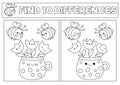 Garden black and white kawaii find differences game. Coloring page with cute bees and flowers in pot. Spring holiday puzzle or