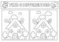 Garden black and white kawaii find differences game. Coloring page with cute country house. Spring holiday line puzzle for kids