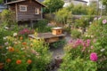 garden with blooming flowers, humming bees and buzzing flies